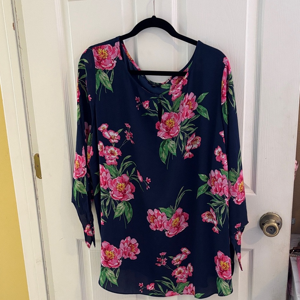 Talbots Plus Navy Top with Pink and Green Floral